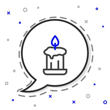 Beyaz arkaplanda izole edilmiş şamdan simgesinde çizgi yakma mumu. Eski moda yanan mum. Silindirik mum çubuğu ve yanan ateş. Renkli taslak konsepti. Vektör