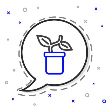 Çömlek simgesindeki Çizgi Tesisi beyaz arkaplanda izole edildi. Tencerede yetişen bir bitki. Saksı bitkisi işareti. Renkli taslak konsepti. Vektör