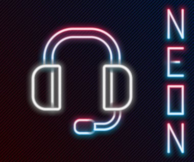 Parlayan neon hattı kulaklık simgesi siyah arkaplanda izole edildi. Müşteri hizmetleri, yardım hattı, çağrı merkezi, faq, bakım. Renkli taslak konsepti. Vektör