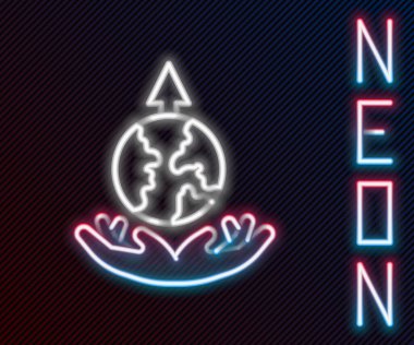 Parlayan neon hattı Dünya genişleme simgesi siyah arkaplanda izole edildi. Renkli taslak konsepti. Vektör