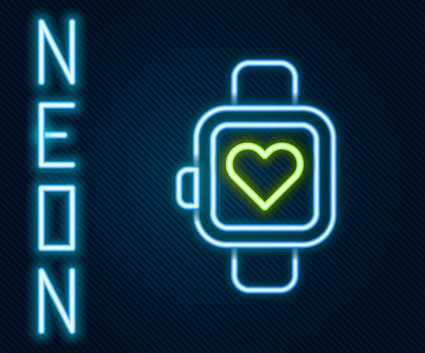发光的霓虹灯线智能手表显示心脏跳动率图标孤立在黑色背景 健身应用的概念 五彩缤纷的概念 — 图库矢量图片