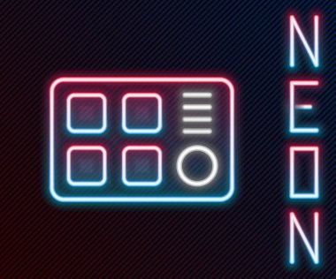 Parlayan neon hattı Drum makinesi simgesi siyah arkaplanda izole edildi. Müzik aletleri. Renkli taslak konsepti. Vektör