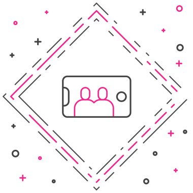 Cep telefonu simgesindeki selfie beyaz arka planda izole edildi. Romantik oto portre, akıllı telefonda selfie çeken genç arkadaşlar. Renkli taslak konsepti. Vektör