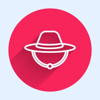 Uzun gölgeli beyaz çizgi kamp şapkası ikonu. Plaj şapkası panaması. Avcılık, yürüyüş ve turizm için gezgin şapkası. Kırmızı daire düğmesi. Vektör.