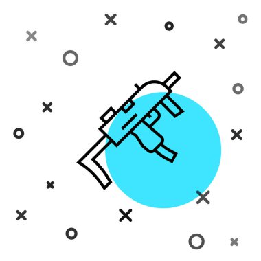 Siyah çizgi MP9 hafif makineli tüfek simgesi beyaz arkaplanda izole edildi. Otomatik silah. Rastgele dinamik şekiller. Vektör.