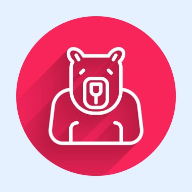 Beyaz çizgi kutup ayısı başı ikonu uzun gölgeli izole edilmiş. Kırmızı daire düğmesi. Vektör.