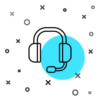 Siyah çizgi kulaklık simgesi beyaz arkaplanda izole edildi. Müşteri hizmetleri, yardım hattı, çağrı merkezi, faq, bakım. Rastgele dinamik şekiller. Vektör.