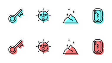 Çizgiyi ayarla Sihirli toz, Eski anahtar, güneş ve mühür simgesi. Vektör