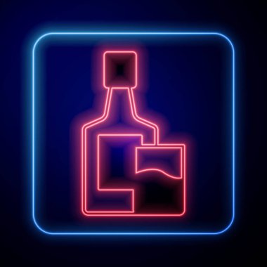 Parlayan neon viski şişesi ve siyah arka planda izole edilmiş cam ikon. Vektör.
