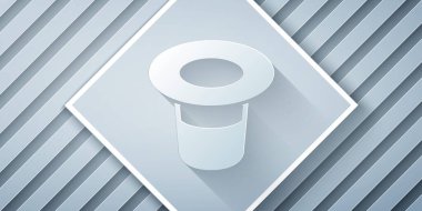 Kağıt kesiği sihirli şapka simgesi gri arkaplanda izole edildi. Sihir numarası. Gizemli eğlence konsepti. Kağıt sanatı tarzı. Vektör.