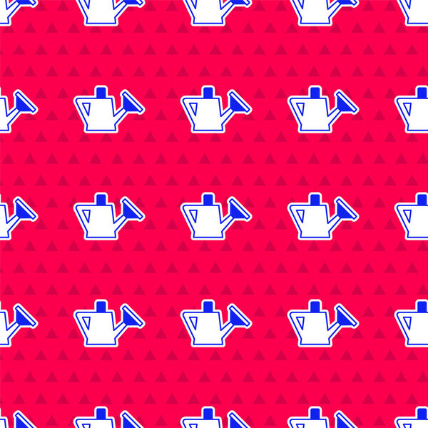 Blue Watering can icon isolated seamless pattern on red background. Irrigation symbol.  Vector.