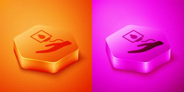 Isometrisches Blutspendesymbol Isoliert Auf Orangefarbenem Und Rosa Hintergrund Sechseck Taste — Stockvektor