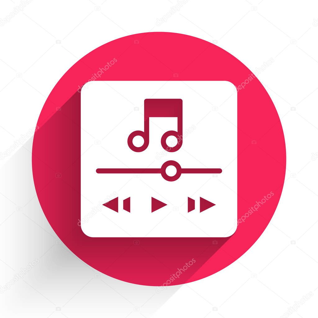 White Music player icon isolated with long shadow. Portable music device. Red circle button. Vector.