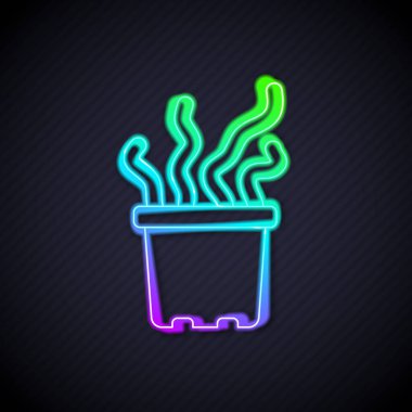 Parlayan neon hattı siyah arkaplanda izole edilmiş tencere ikonundaki egzotik tropikal bitki. Vektör.
