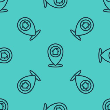 Yeşil arkaplan üzerinde ev simgesi izole edilmiş siyah çizgi haritası işaretçisi. Ev konumu belirleyici sembol. Vektör.