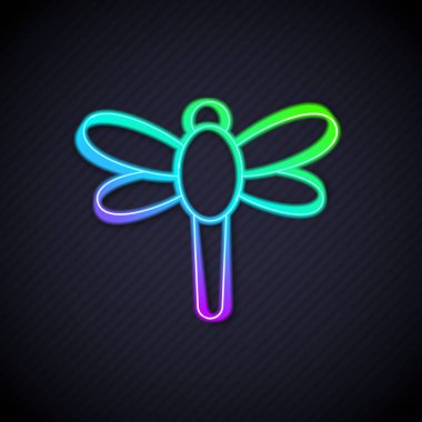 Parlayan neon hattı Dragonfly simgesi siyah arkaplanda izole edildi. Vektör.