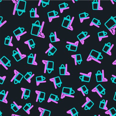 Hat paspası ve kova simgesi siyah arkaplanda izole edilmiş kusursuz desen. Temizlik hizmeti konsepti. Vektör