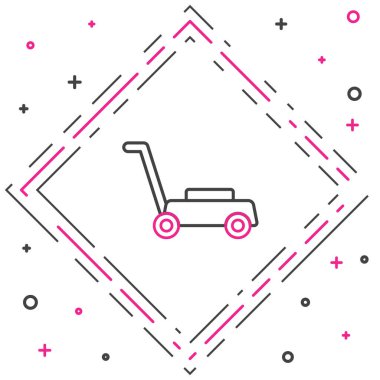 Çizgi çim biçme makinesi simgesi beyaz arkaplanda izole edildi. Çim biçme makinesi çim biçiyor. Renkli taslak konsepti. Vektör