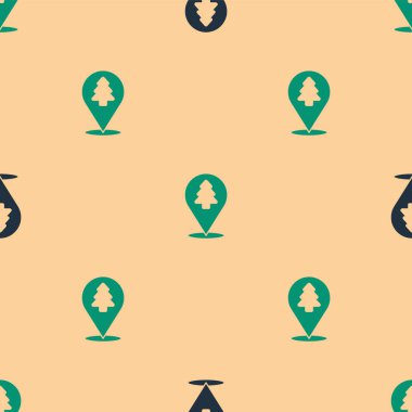 Ormanın yeşil ve siyah konumu bir harita ikonu üzerinde izole edilmiş bej arka planda pürüzsüz desen. Vektör