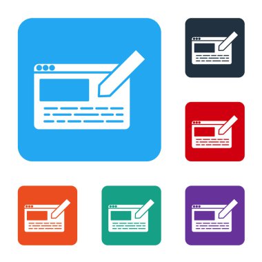 Beyaz UI ya da UX tasarım simgesi beyaz arkaplanda izole edildi. Renkli kare düğmelerle simgeleri ayarla. Vektör