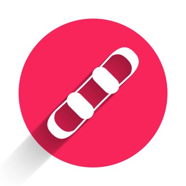 Beyaz Snowboard simgesi uzun gölgeli izole edilmiş. Snowboard tahtası ikonu. Olağanüstü bir spor. Spor malzemeleri. Kırmızı daire düğmesi. Vektör