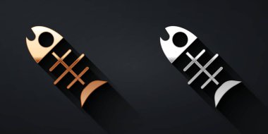 Altın ve gümüş renkli ölü balık ikonu siyah arka planda izole edilmiş. Uzun gölge tarzı. Vektör