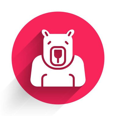 Beyaz Kutup ayısı başı ikonu uzun gölgeli izole edilmiş. Kırmızı daire düğmesi. Vektör