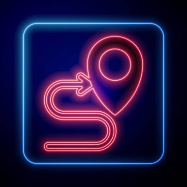 Parlayan neon yol konumu simgesi siyah arkaplanda izole edildi. Harita işaretçisi işareti. Yol ya da yol kavramı. GPS navigatörü. Vektör