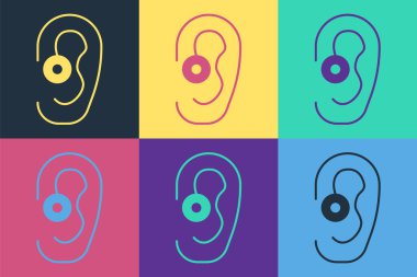 Pop sanat işitme cihazı simgesi renk arkaplanında izole edildi. Kulak ve işitme. Vektör