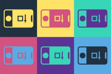 Kayıt çerçevesi kamera simgesine sahip, renkli arka planda izole edilmiş Pop Art Mobile telefon. Mobil uygulama uygulaması. Fotoğraf ve video çekimi. Vektör