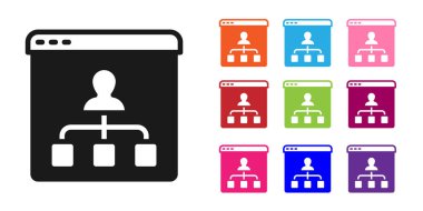 Siyah Çevrimiçi Eğitim ve mezuniyet ikonu beyaz arka planda izole edildi. İnternetteki öğretmen monitörde. Giyinme ve video semineri öğrenme. Simgeleri renklendirin. Vektör