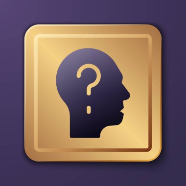 Mor arka planda soru işareti simgesi olan mor insan kafası. Altın kare düğme. Vektör