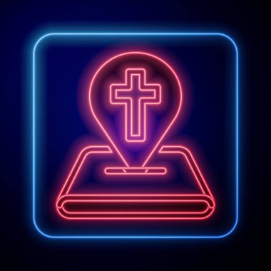 Parlayan neon haritalı lobut kilise binası simgesi siyah arka planda izole edilmiş. Hıristiyan Kilisesi. Kilisenin dini. Vektör
