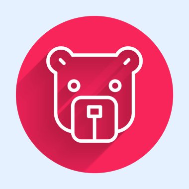 Beyaz çizgi ayı başı simgesi uzun gölgeli izole edilmiş. Kırmızı daire düğmesi. Vektör