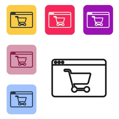 Siyah Hat Çevrimiçi beyaz arkaplanda izole edilmiş ekran simgesinden alışveriş. Konsept e-ticaret, e-ticaret, online iş pazarlama. Renkli kare düğmelerle simgeleri ayarla. Vektör