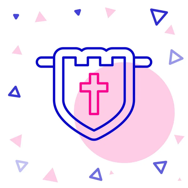 Ligne Drapeau avec icône croix chrétienne isolée sur fond blanc. Concept de contour coloré. Vecteur — Image vectorielle