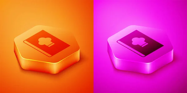 Isometrisk kokbok ikon isolerad på orange och rosa bakgrund. Matlagningsbok ikon. Receptbok. Gaffel och kniv ikoner. Bestick symbol. Hexagon-knappen. Vektor — Stock vektor