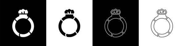 Állítsa Fantasy mágikus kő gyűrű drágakő ikon elszigetelt fekete-fehér háttér. Vektor — Stock Vector