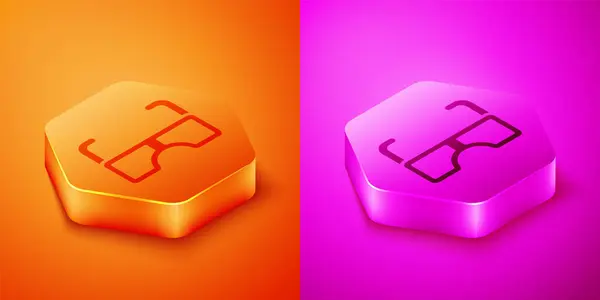 Isometriska glas ikon isolerad på orange och rosa bakgrund. Symbolen för glasögonbåge. Hexagon-knappen. Vektor — Stock vektor