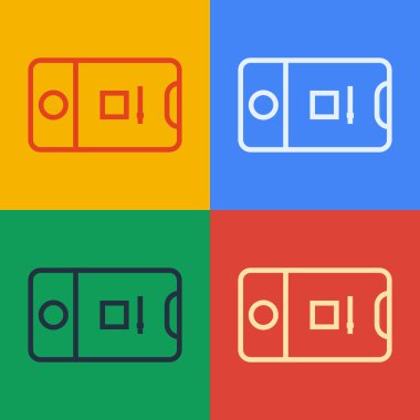 Plak çerçeveli kamera ikonuna sahip, renkli arka planda izole edilmiş pop sanat hattı cep telefonu. Mobil uygulama uygulaması. Fotoğraf ve video çekimi. Vektör