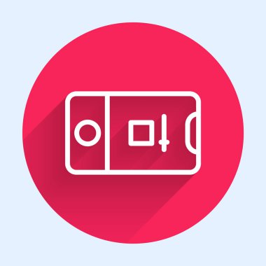 Beyaz çizgi cep telefonu, uzun gölgeli, kayıt çerçeveli kamera ikonu. Mobil uygulama uygulaması. Fotoğraf ve video çekimi. Kırmızı daire düğmesi. Vektör