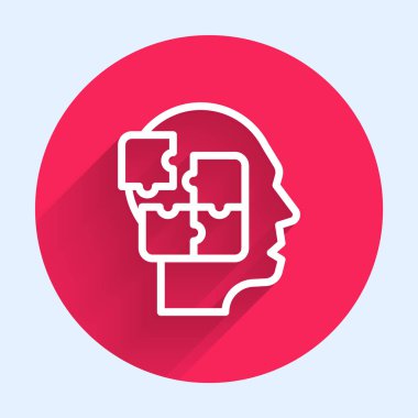 Beyaz çizgi insan kafası bulmaca stratejisi ikonu uzun gölgelerle izole edildi. Beyin işaretini düşünüyorum. Beynin sembol çalışması. Kırmızı daire düğmesi. Vektör