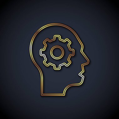 Altın çizgili insan kafası ve siyah arka planda izole edilmiş ikon içerisindeki ekipman. Yapay zeka. Düşünen beyin. Beynin sembol çalışması. Vektör