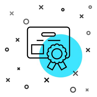 Beyaz arkaplanda siyah çizgi sertifika şablon simgesi izole edildi. Başarı, ödül, diploma, burs, diploma kavramları. Rastgele dinamik şekiller. Vektör