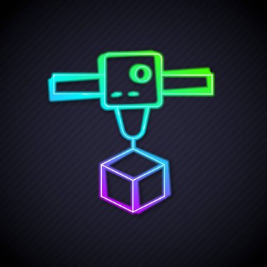 Parlayan neon hattı 3D yazıcı küp simgesi siyah arkaplanda izole edildi. 3D baskı. Vektör
