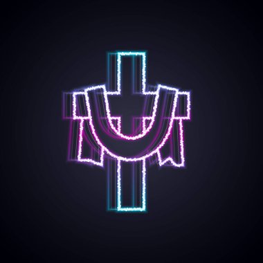 Parlayan neon hattı Hıristiyan çapraz simgesi siyah arka planda izole edildi. Kilise haçı. Vektör