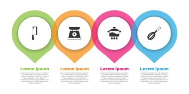 Meat Chopper, Scales, Cooking pot ve Kitchen çırpıcı ayarlayın. Ticari bilgi şablonu. Vektör