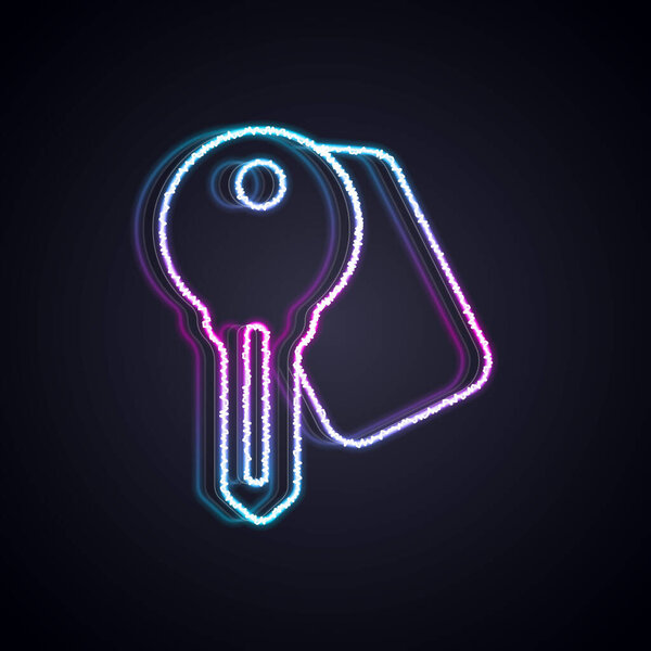Glowing neon line Hotel door lock key icon isolated on black background. Vector