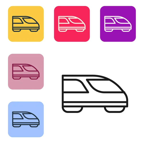 Schwarze Linie Hochgeschwindigkeitszug-Symbol isoliert auf weißem Hintergrund. Eisenbahnreisen und Eisenbahntourismus. U-Bahn oder U-Bahn rationalisierten den Schnellzugverkehr. Setzen Sie Symbole in farbigen quadratischen Tasten. Vektor — Stockvektor