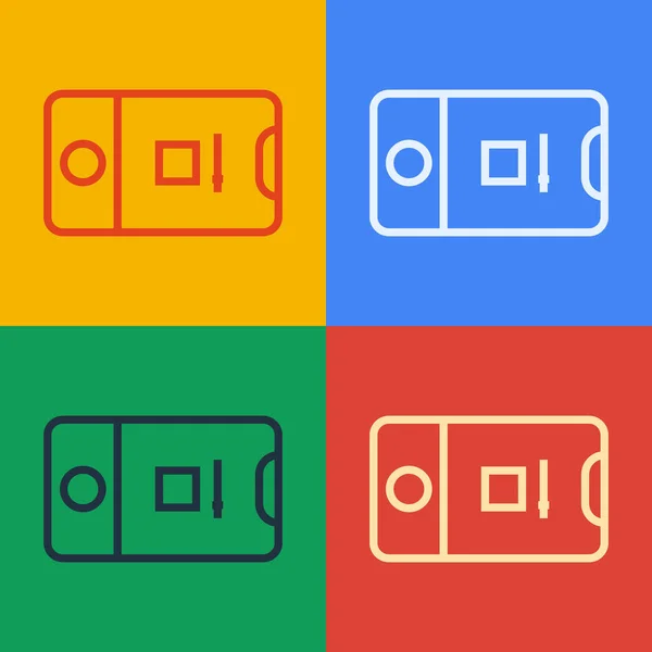 Pop-Art-Linie Mobiltelefon mit Rekord-Rahmen-Kamera-Symbol isoliert auf farbigem Hintergrund. Mobile App-Anwendung. Foto- und Videoaufnahmen. Vektor — Stockvektor